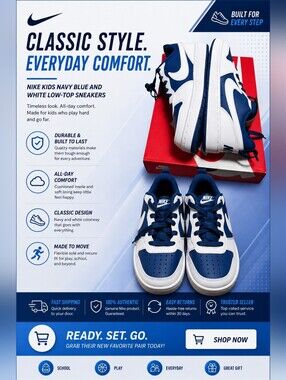 Nike Kids Navy Blue and White Low-Top Sneakers